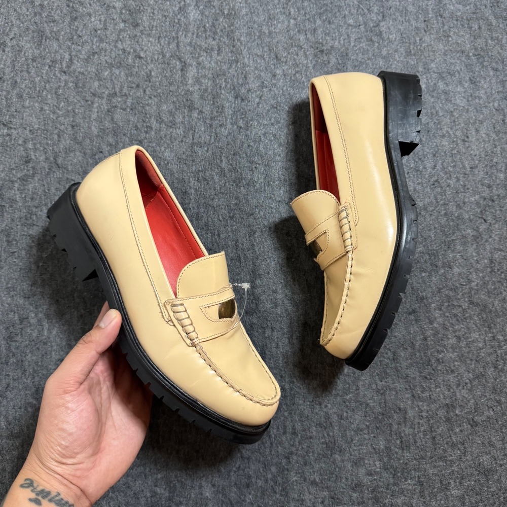 Free People Cream Beige Leather Lug Sole Penny Loafers Red Lining 38 0004284298